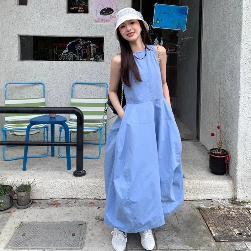 Damen Leichtes Elegantes Ärmelloses Maxikleid Modisches Blaues Freizeitkleid für Frauen Raffiniertes Sommerliches Casual-Date-Kleid