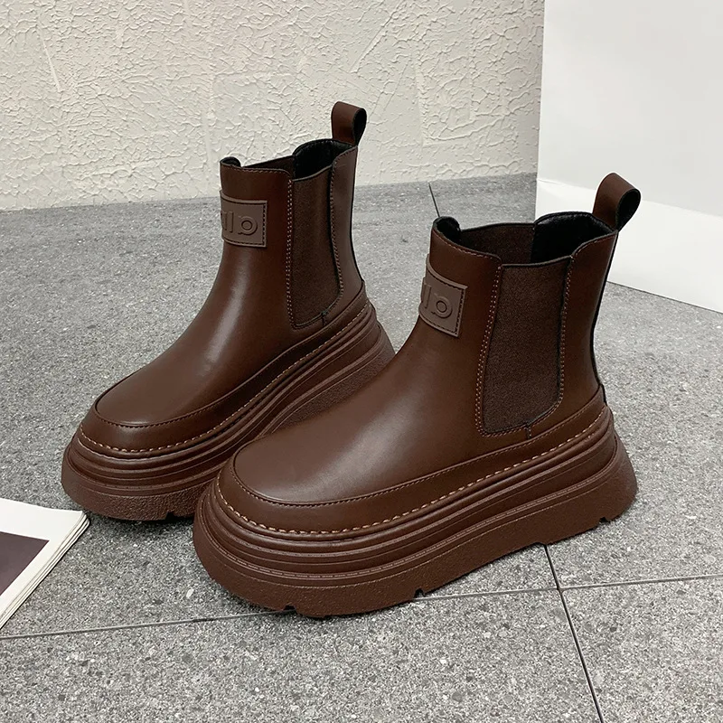 

European Style Leather British Style Versatile Snow Boots Thick Sole Fleece Lined Warm Motorcycle Ankle Boots Women's Shoes