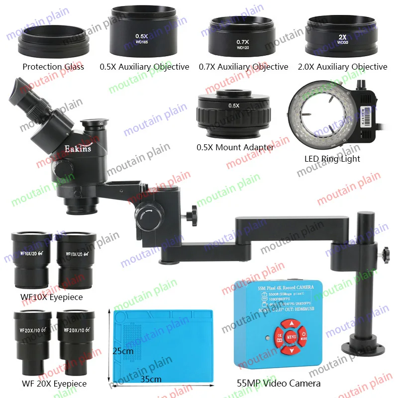 กล้องจุลทรรศน์กล้องวีดีโอสเตอริโอซูม55MP 4K HDMI USB โฟกัส3.5X-180X