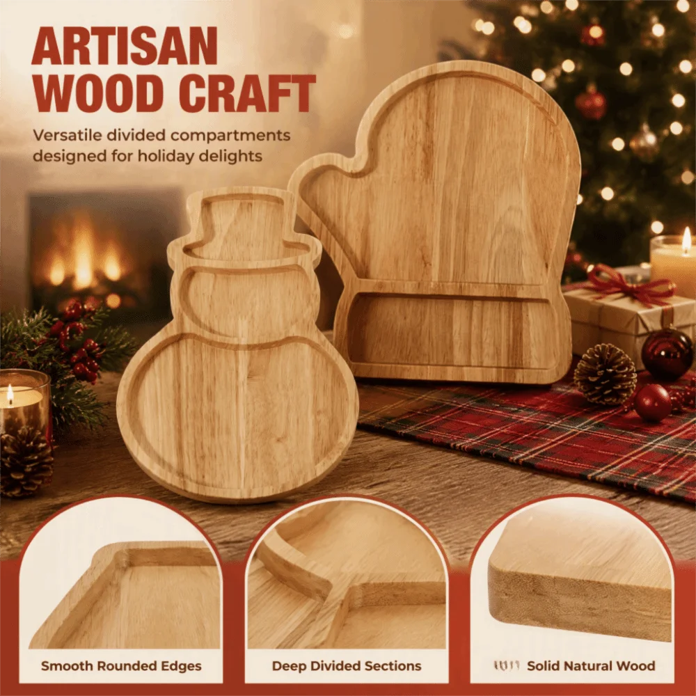 Wood Christmas Storage Tray Divided Compartments Gingerbread-Shaped Design Divided Tray Xmas Gloves Non-Food Contact Surface
