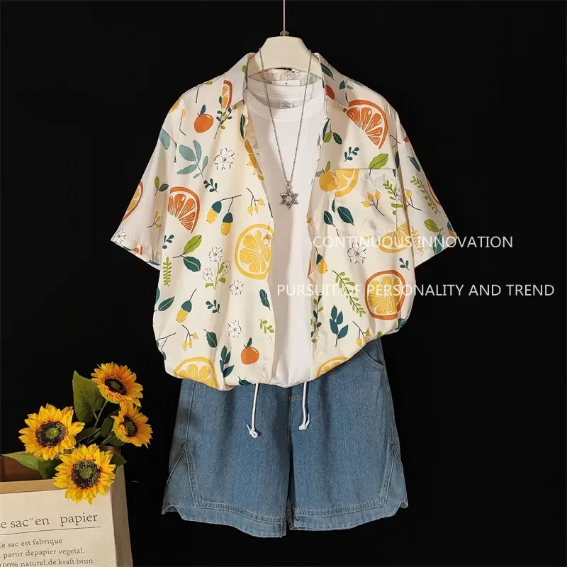 Men's Fruit Print Short Sleeve Shirt Denim Shorts Two Piece Set Casual Summer Outfit