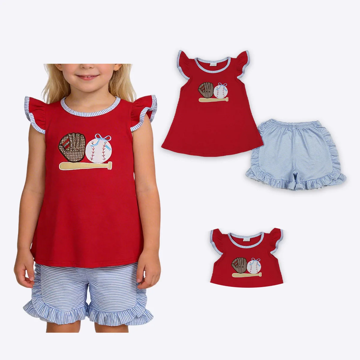 

Kids Baby Girls Embroidery Baseballs Tunic Tops Stripe Ruffle Shorts Team Clothes Sets Children Fashion Clothing Wholesale