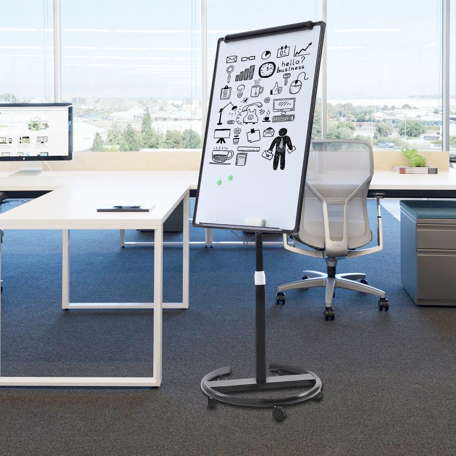 Modern Rectangular Magnetic Mobile Alloy Whiteboard Flipchart Easel with 5 Universal Wheel w/ Board Eraser & Magnets