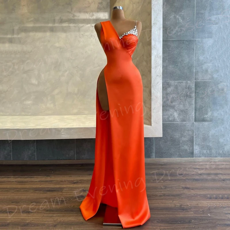 

Classic Orange Mermaid Sexy Women's Evening Dresses Fascinating Sleeveless Prom Gowns Beaded Side High Split Vestido De Noche