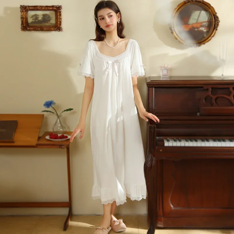 Pure Cotton Victorian Night Dress Women White Short Sleeve Sexy Lace Ruffle Nighty Peignoir Vintage Nightgown Princess Sleepwear - view 3