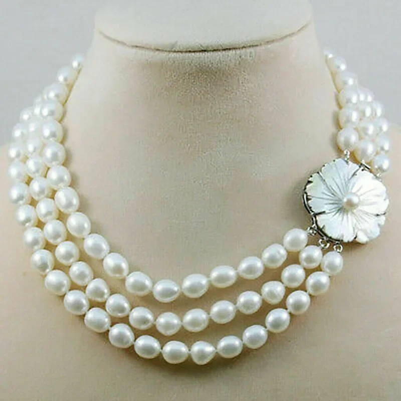 

3 Natural Row 7-8mm White Freshwater Cultured Pearl Necklace 17-19inch;