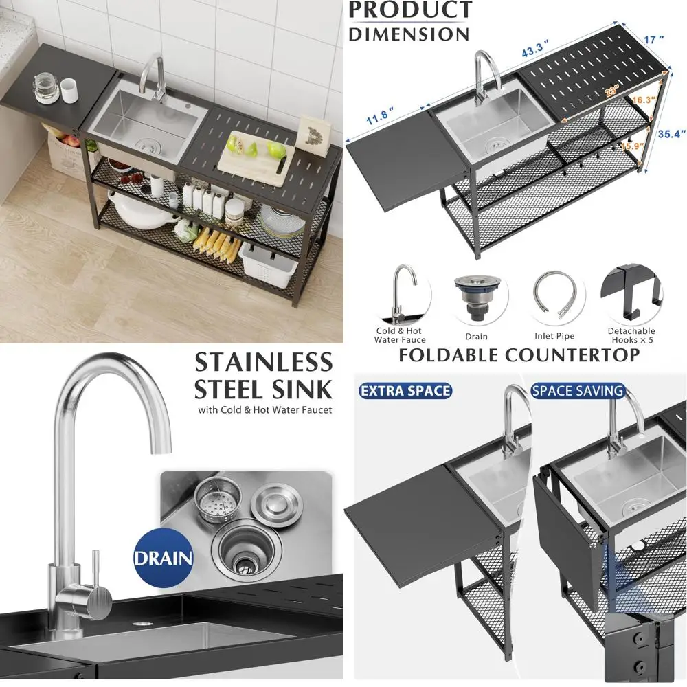 

55 Inch Stainless Steel Kitchen Utility Sink with Foldable Countertop and Dual Temperature Water Faucet