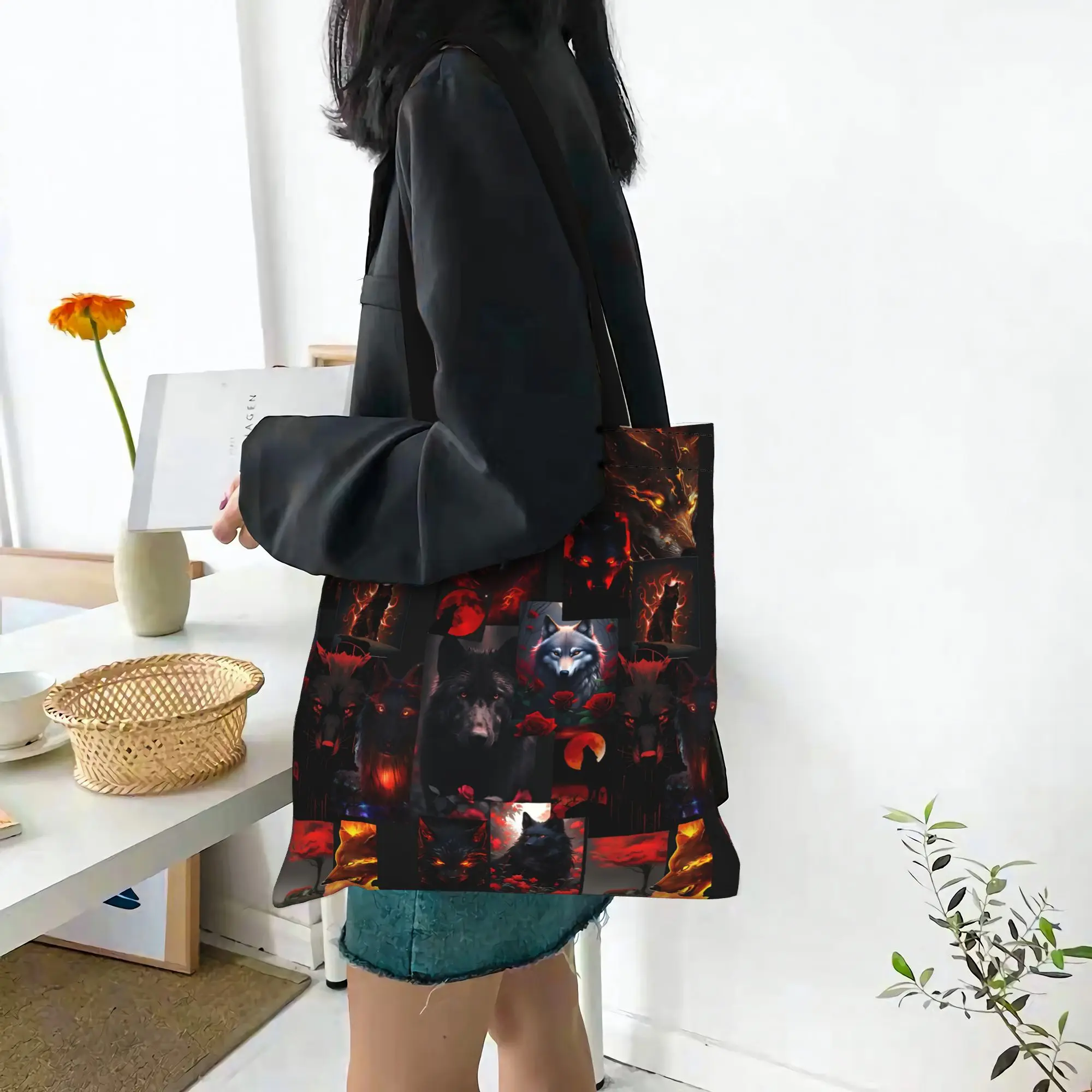 Fashion Women's Bag Cool Wolf Pattern Wolf spirit Shopping Bag  Canvas Tote Bag Women'S Shoulder Handbag Christmas Gift