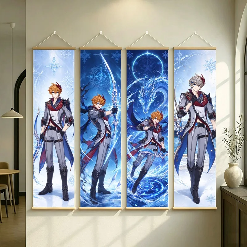 Hanging Scroll Wall Art of Genshin Impact Tartaglia with Blue Water Swirls on Silver Shimmer Canvas for an Anime Bedroom