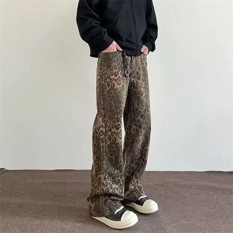 

American Retro Y2K Leopard Print Jeans Men Women High Street Loose Straight Leg Trousers Trendy Brand Wide Leg Denim Pants