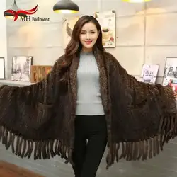 Women Natural Mink Fur Scarf Fashion Long Poncho Female Winter Brown Knit Real Fur Scarves Wraps Luxury Large Shawl Ladies