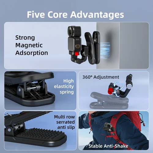 Imagen 2 del producto Clip para Mochila Flymile, para Insta360 ACE Pro 2/X5 X4/DJI Osmo 360/Action 6 5/Accesorios GoPro, Soporte Universal Magnético Antivibración