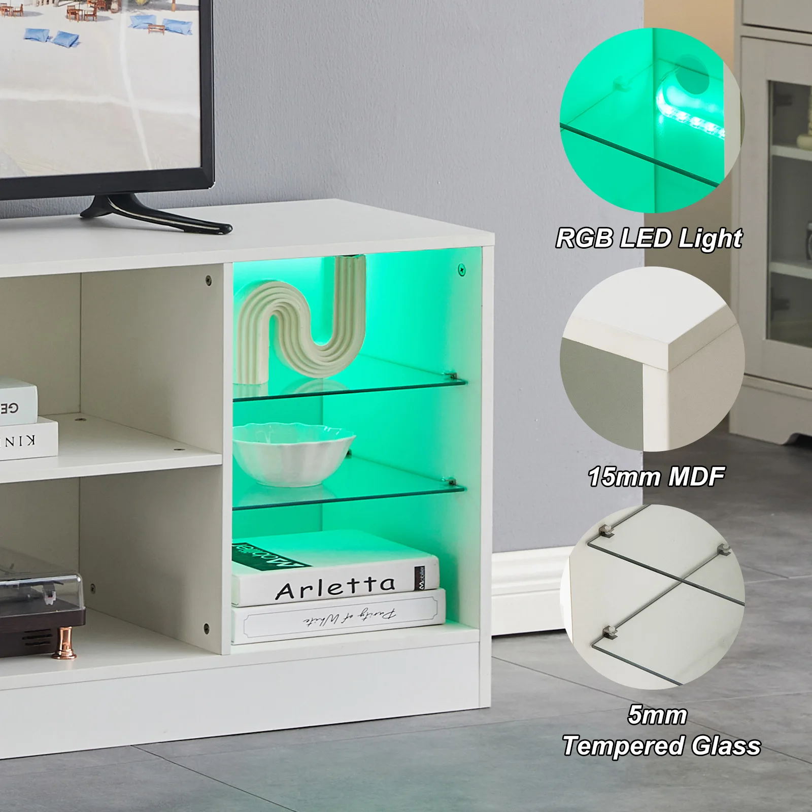 Mueble para TV con iluminación LED, 8 compartimentos de almacenamiento, hasta 55 pulgadas