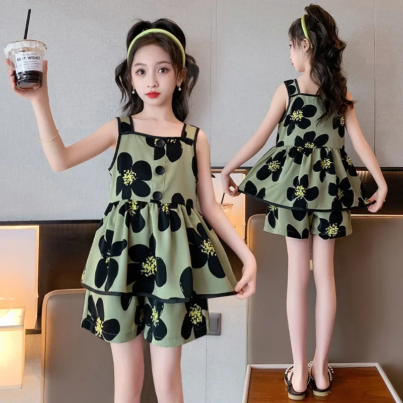 

Children's Clothing Set Summer Girl Flower Halter Tops and Shorts Suit Fashion Sleeveless Tracksuit for Kids Girls Clothes