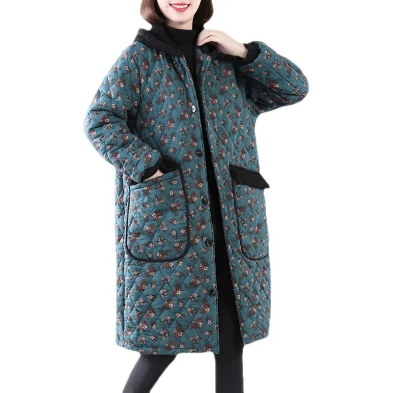 2023 Winter New Korean Loose Size Women's Casual Print with Cotton Clip Thickened and Warm Fit Cotton Coat