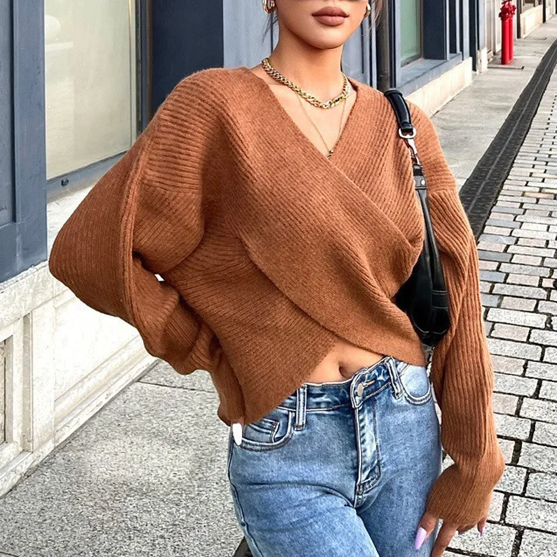 Autumn And Winter Solid Color Sexy Cross-button V-neck Long-sleeved Knitted Sweater Jumper