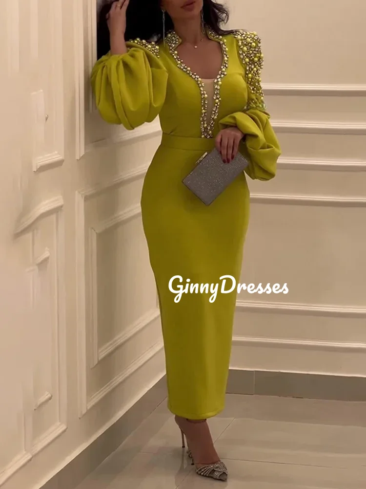 Customized Evening Dress Woman Scoop Neckline Column Prom Dresses Floor-Length Zipper Up Beadings Long Sleeves Lining Wedding