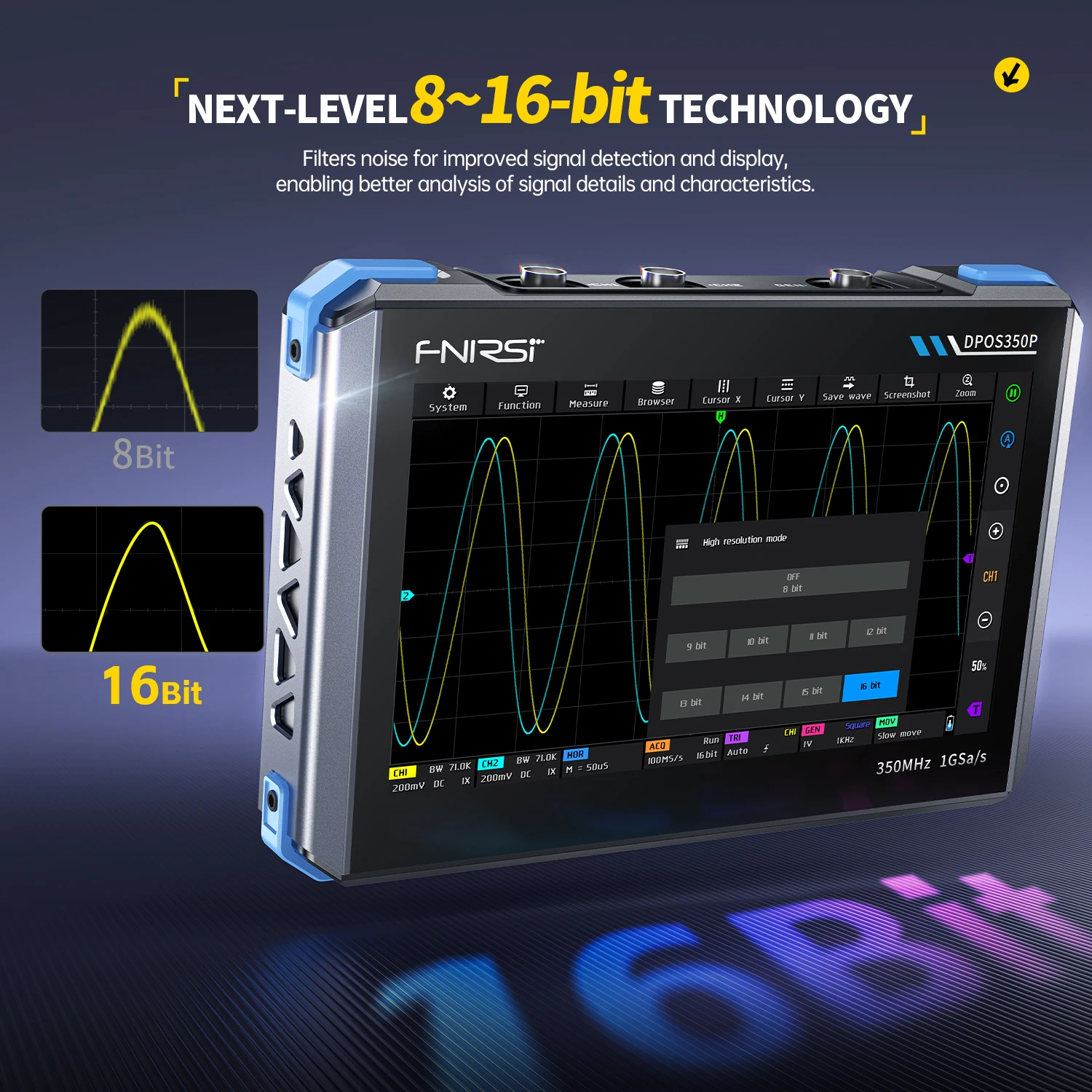 Analisador de resposta de frequência FNIRSI DPOS350P, osciloscópio plano quatro em um, gerador de sinal de 2 canais 350 MHz, 50 MHz, espectro