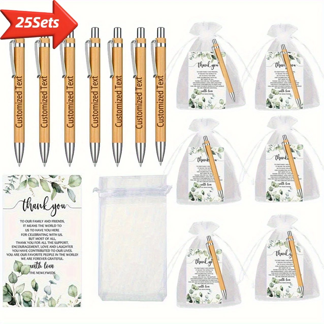 25 Sets Customizable Bamboo Engraved Ballpoint Pens with White Bags Wedding Cards for Unique Wedding Favors Bridal Party Supplie