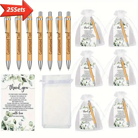 25 Sets Customizable Bamboo Engraved Ballpoint Pens with White Bags Wedding Cards for Unique Wedding Favors Bridal Party Supplie