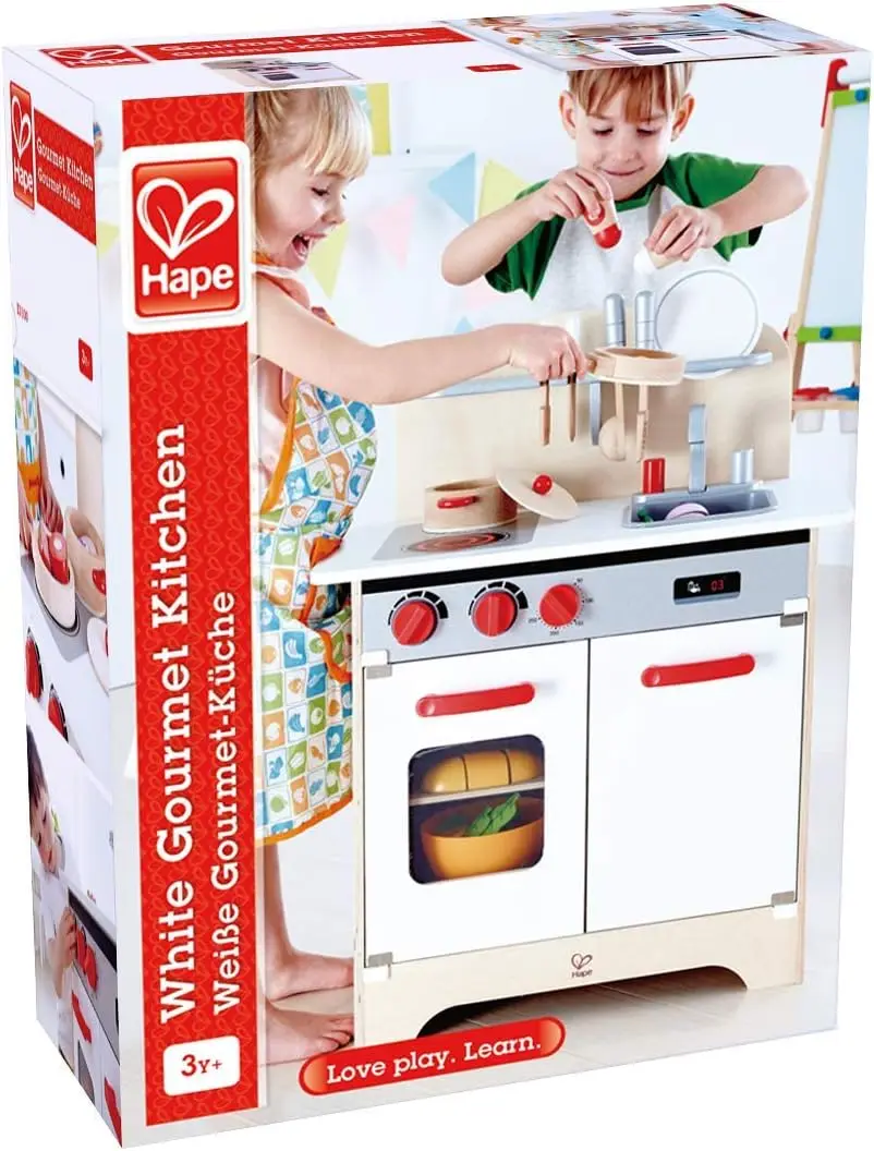 Gourmet Kitchen Toy Fully Equipped Wooden Pretend Play Kitchen Set with Sink, Stove, Baking Oven, Cabinet, Turnable Knobs & Spic