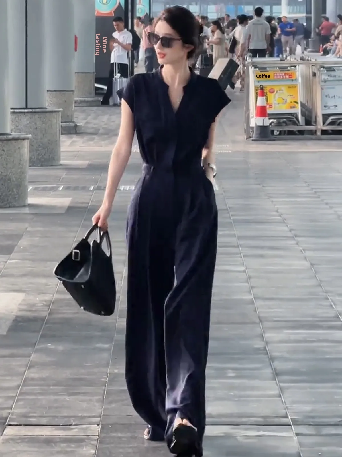 Koreanische Sle Abnehmen V-Ne ort Sve frauen Rer Hohe Taille Breite Bein Hosen Dra Sommer Faion Casual Outfit