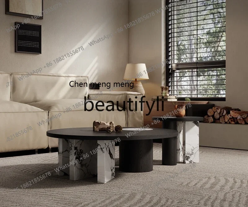 

Italian minimalist rock slab coffee table living room creative smoked wood leather coffee table round combination