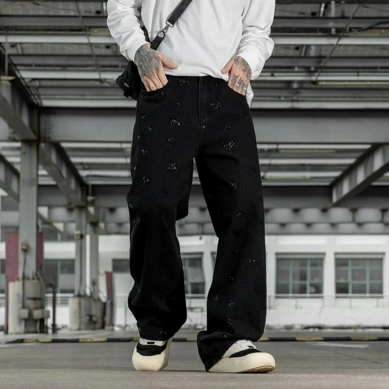 

Новые американские джинсы-стритвир свободного прямого кроя с пайетками и эффектом потертости, модные мужские брюки-джинсы для мужчин