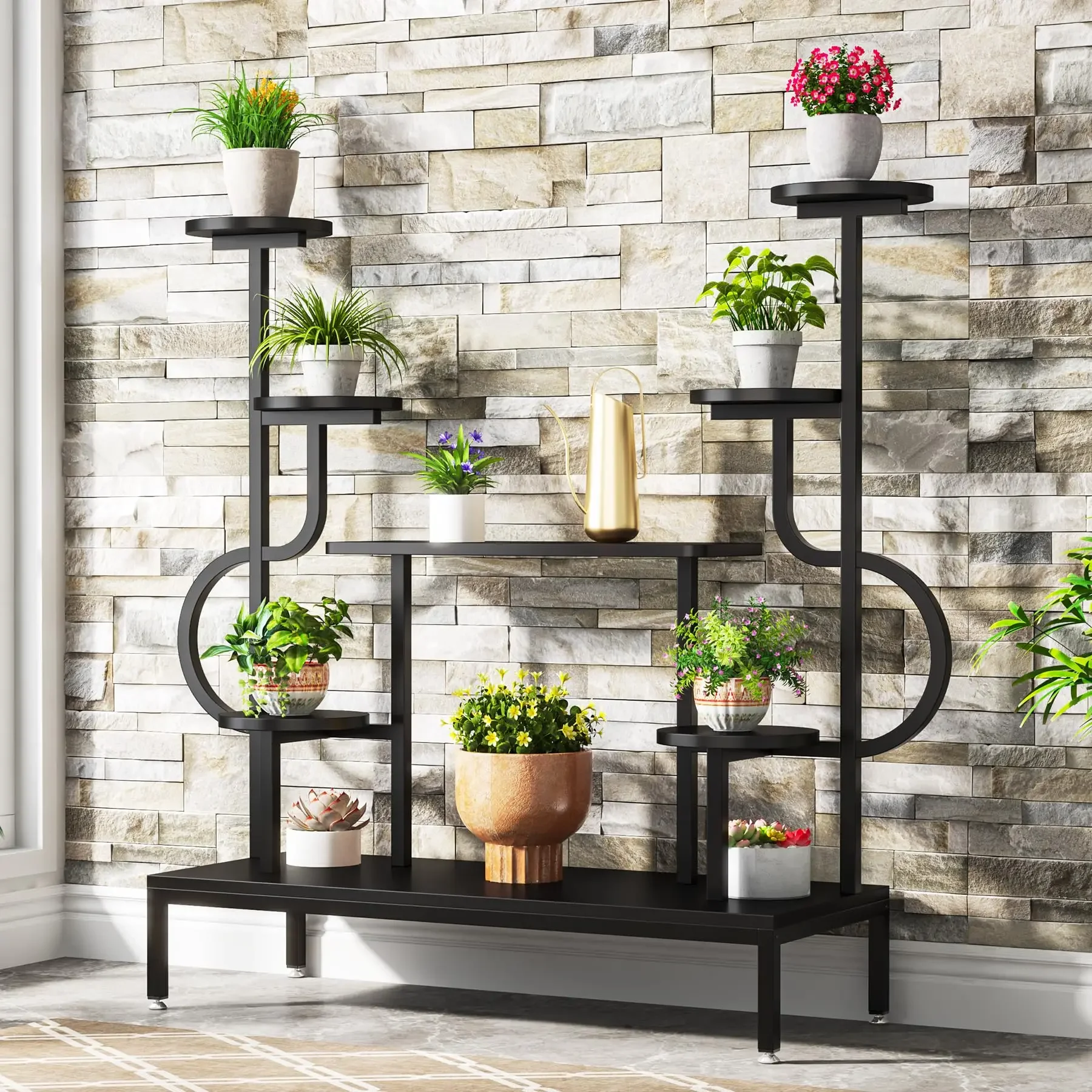 

8-Tier Metal Plant Stand, Large Tall Plant Shelf for Multiple Plants, Round & Square Boards, Wood Indoor Ladder Holde
