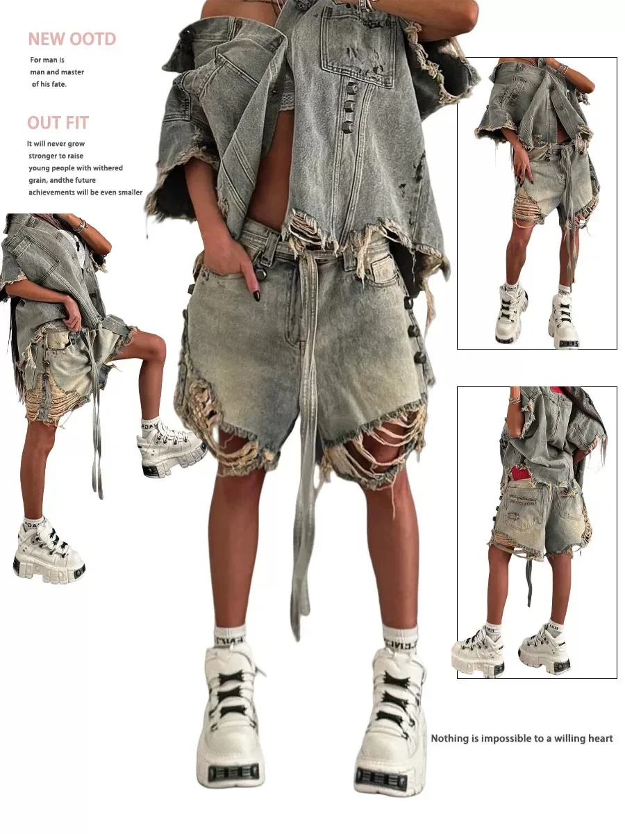 

Summer Women Tomboy Goblin Core Japanese Harajuku Jorts Ripped Hole Denim Shorts Jean Pants Y2K Streetwear Hip-pop Cyber Punk