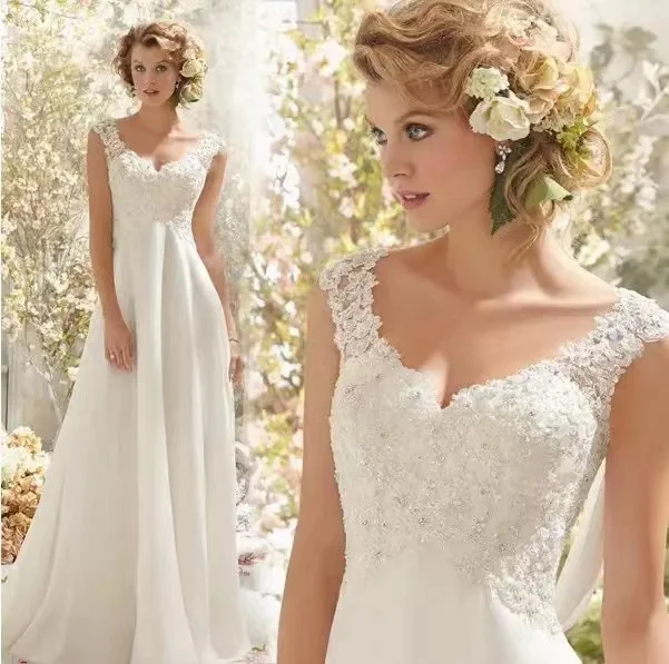 

Classic A-line wedding dress v-neck bridal gown sleeveless white/ivory train tail church dress applique lace wedding dress