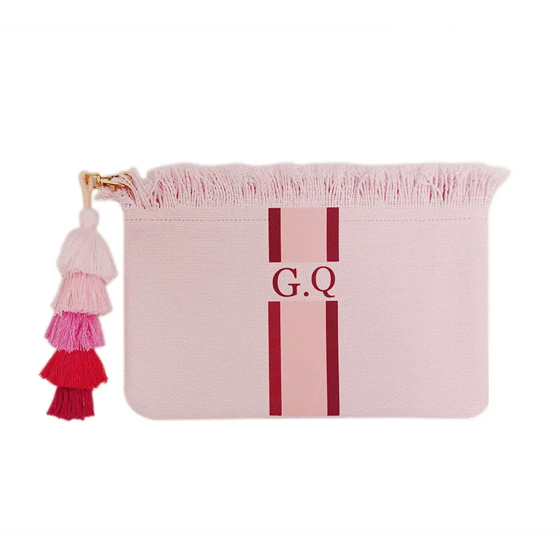 Customizable Letter Vertical Stripe Leisure Personality Tassel Design Canvas Women\'s Clutch Office Gifts Beach Holiday Bag