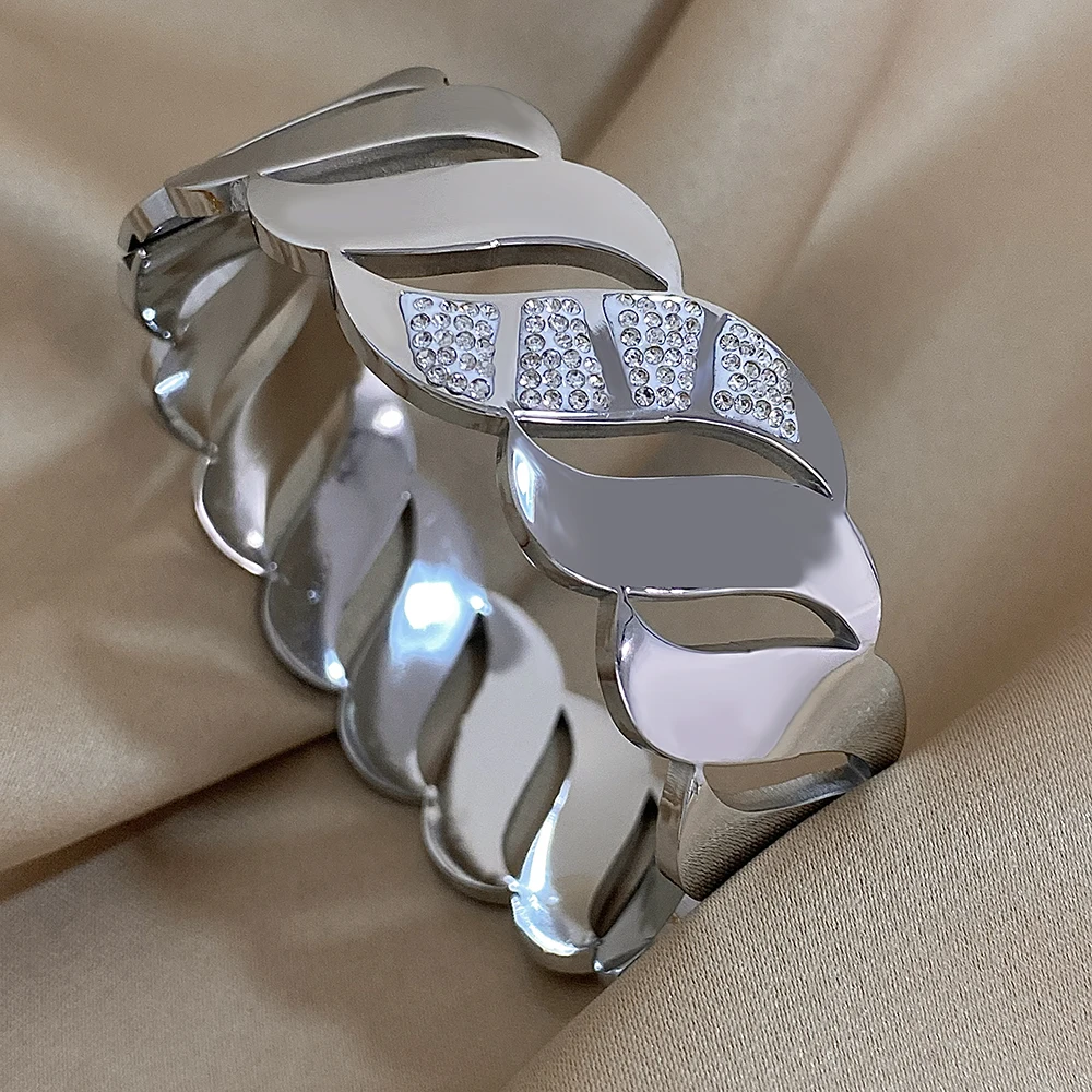 Klobige eingelegte Strass geometrische Welle breite Manschette Armreif für Frauen Mode Edelstahl Gold Silber Farbe Armbänder