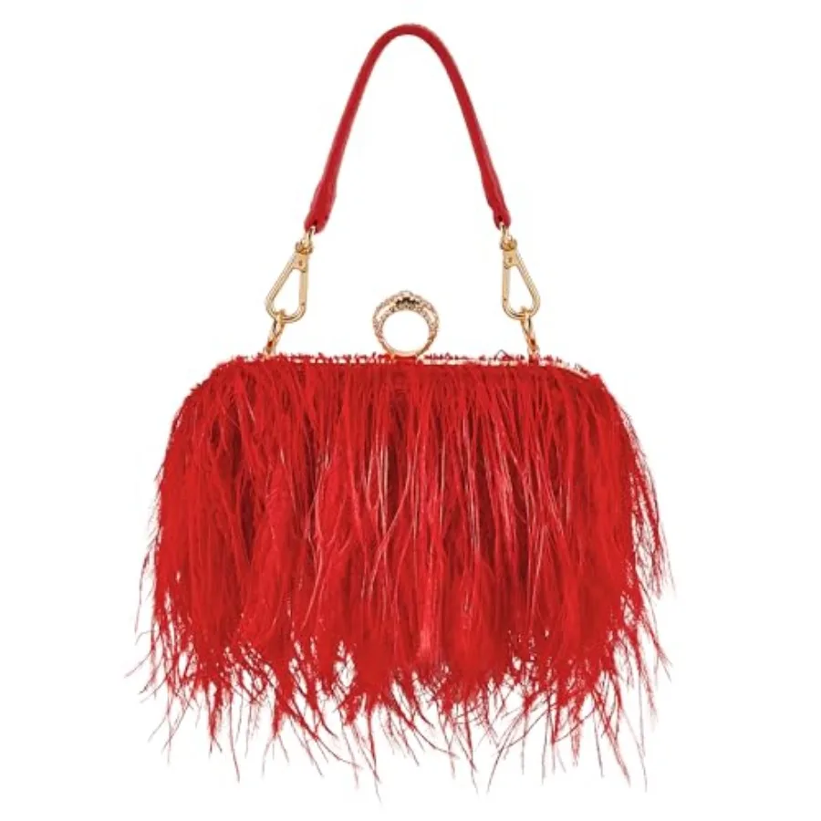 Women Tote Bag Fluffy Purse Clutch Feather Evening Handbag for Wedding