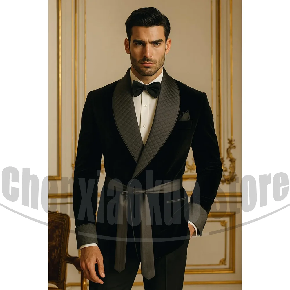 

Men's Black Velvet Blazer with Quilted Satin Shawl Lapel Belted Tuxedo Robe Stylish Design Wedding Party Fashion Coat 1 Piece