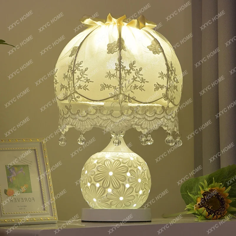 

European pastoral fabric lace creative romantic princess ceramic desk lamp bedroom bedside lamp remote control breastfeeding nig