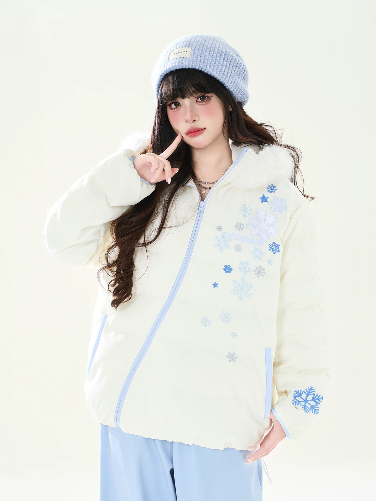 

ENJOG Snowflake Embroidery Irregular Zipper Cotton Jaet Women's Winter Casual Loose Fit Hooded Long Sve Coat