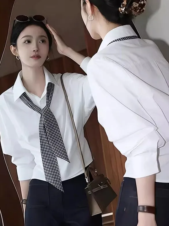 

Elegant Minimalist White Collar Shirt Women's Long Sleeve Slim Fit Design Commute Silk Scarf French Style Pure Cotton