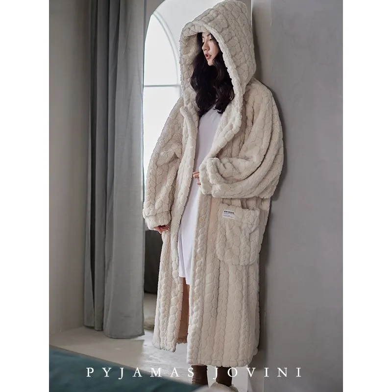 

Night gown female Autumn and winter Coral fleece Thickening type hooded warm Long style New style Can be worn outside Pajamas