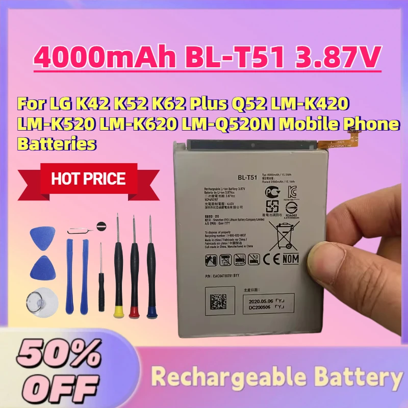 

Hot Sale New 4000mAh BL-T51 3.87V Battery for LG K42 K52 K62 Plus Q52 LM-K420 LM-K520 LM-K620 LM-Q520N Mobile Phone Batteries