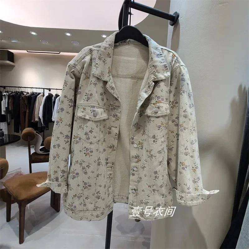 

Spring Autumn New Design Lapels Single-Breasted Floral Print Denim Single-Breasted Lapels Loose Joker Temperament Fashion Coat