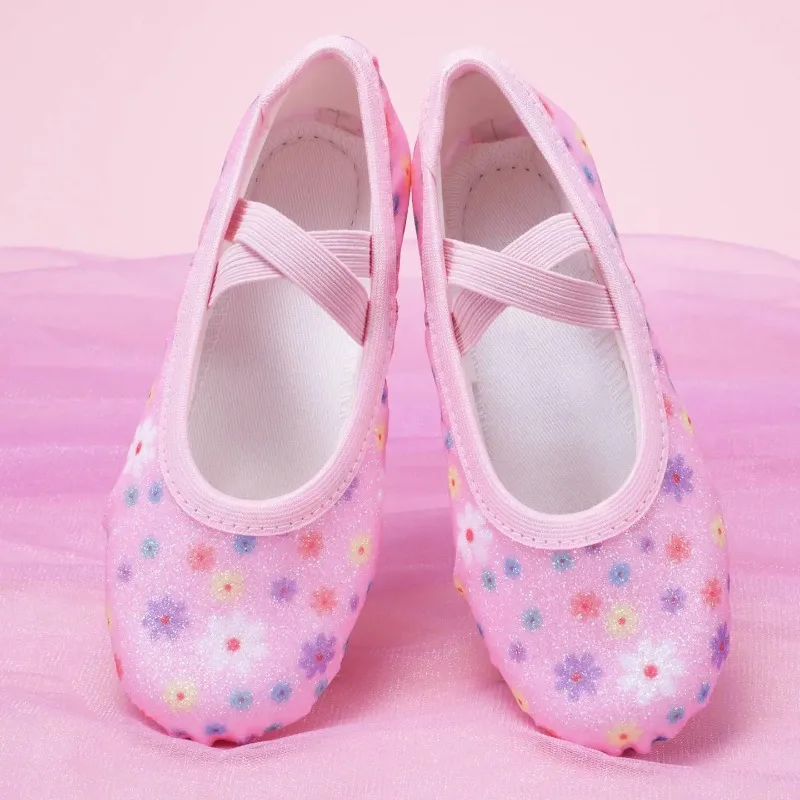 NEW Shiny Glitter Pink Flower Children's Dance Shoe Cross-border Sports New Girls Practice Ballet Cat Claw Ballerina Shoes