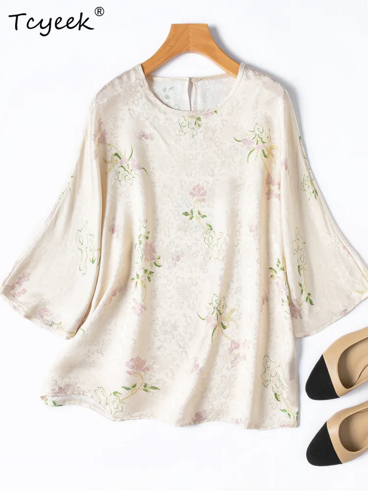 

Tcyeek 100% натуральные шелковые элегантные блузки из тутового шелка для женщин, летняя одежда, модные женские топы с принтом, футболка с круглым вырезом
