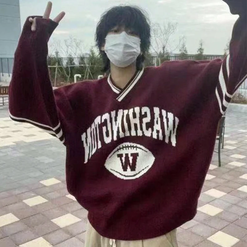 

Vintage Y2k Women Sports T-shirts Oversized V-neck Red Jersey Top Long Sleeve Graphic Tee Coquette Aesthetic Pattern Print