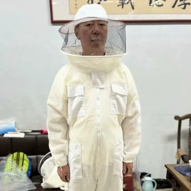 A White Round Hat Anti Bee Suit, Bee Pure Cotton Protective Suit, Complete Set Of One-piece Space Suit