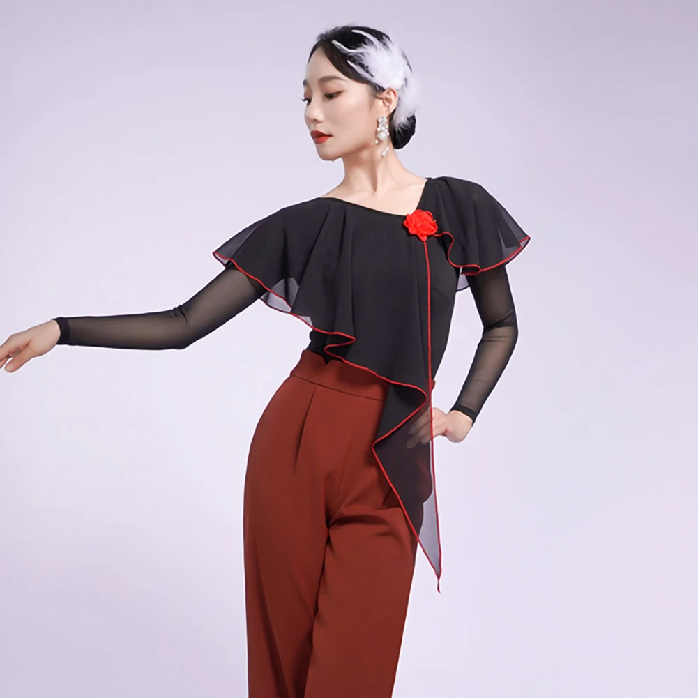 Nuovo stile Top da ballo Manica lunga Nero Prova generale Viola Vestiti per il corpo delle donne Scialle di fiori tridimensionali Bianco di alta qualità