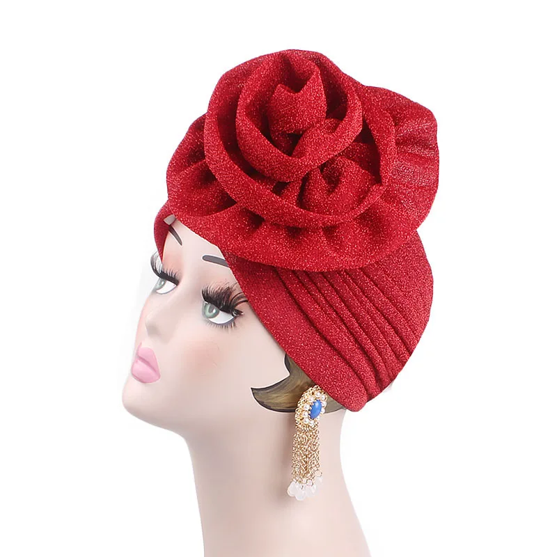 Women's Muslim Hijabs Big Flower Turban Elastic Shiny Hair Bands Hat Beanie Ladies Solid Hair Loss Scarf Cap Hair Accessories