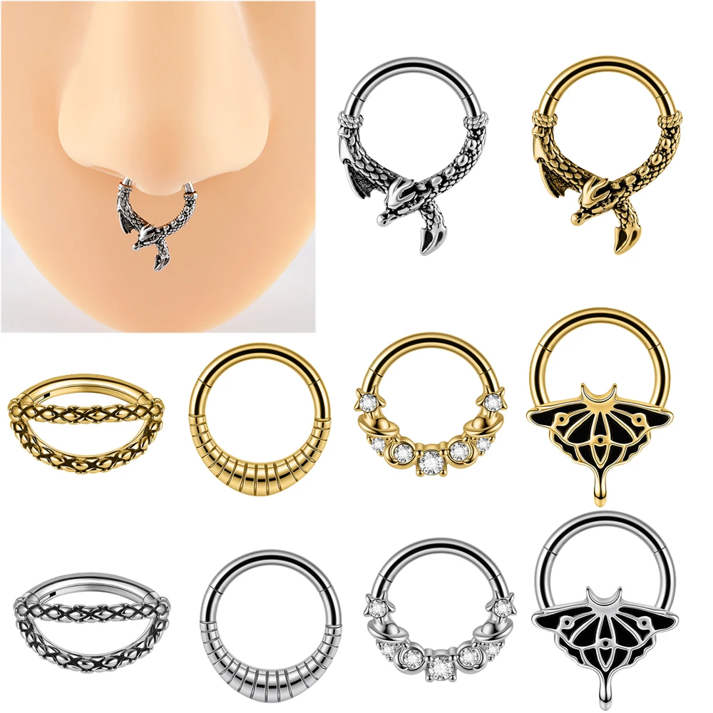 1 ud. Piercing de acero inoxidable 316L negro con diseño de mariposa, serpiente y dragón volador cruzado para nariz, septum, segmento nasal, concha, hélix, daith y oreja.