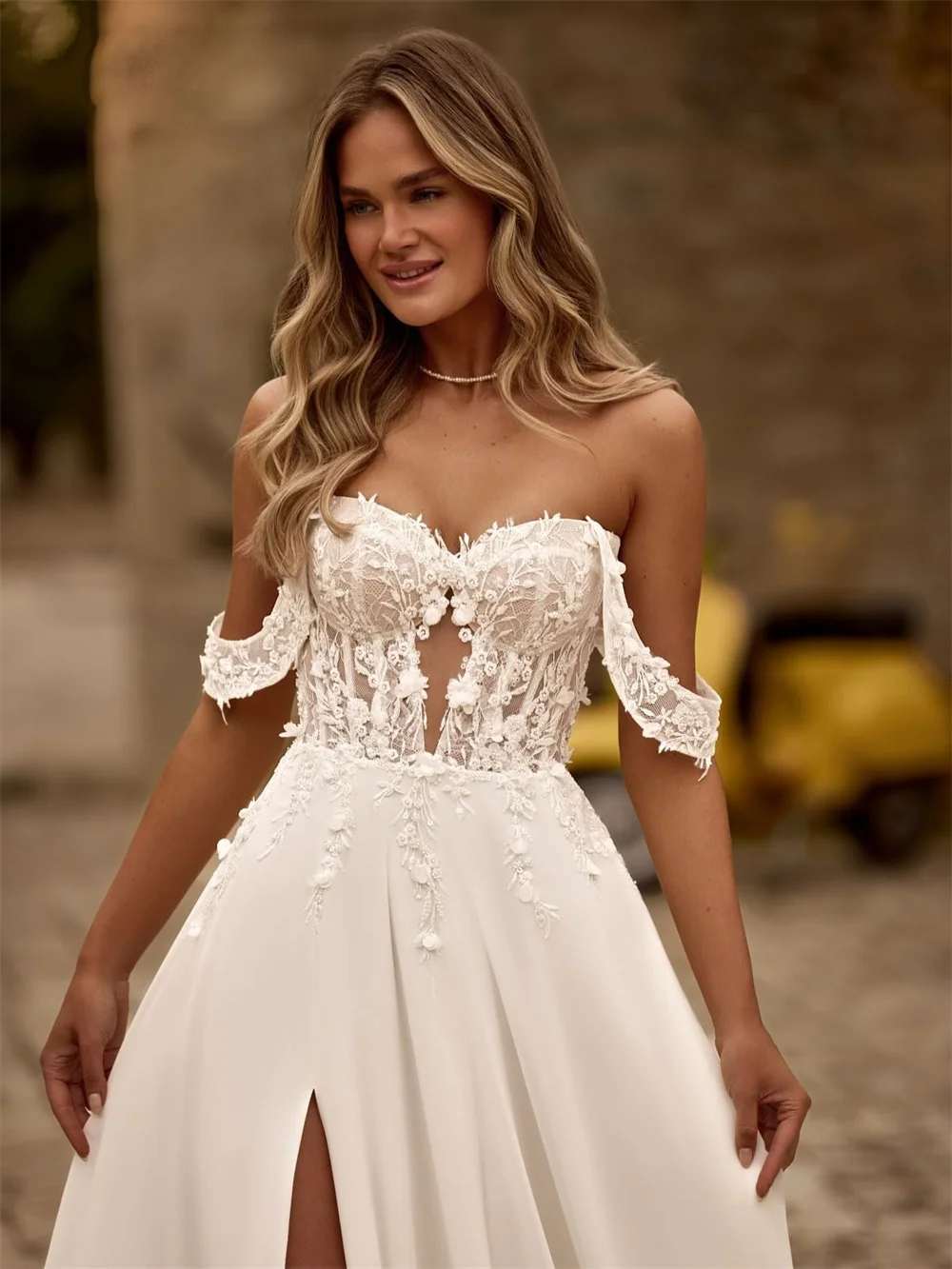 Gaun Pengantin Putih Off-Shoulder Tanpa Lengan dengan Belahan Tinggi di Samping, Model A-Line, Ritsleting Belakang, Elegan, Desain Khusus Tokyo