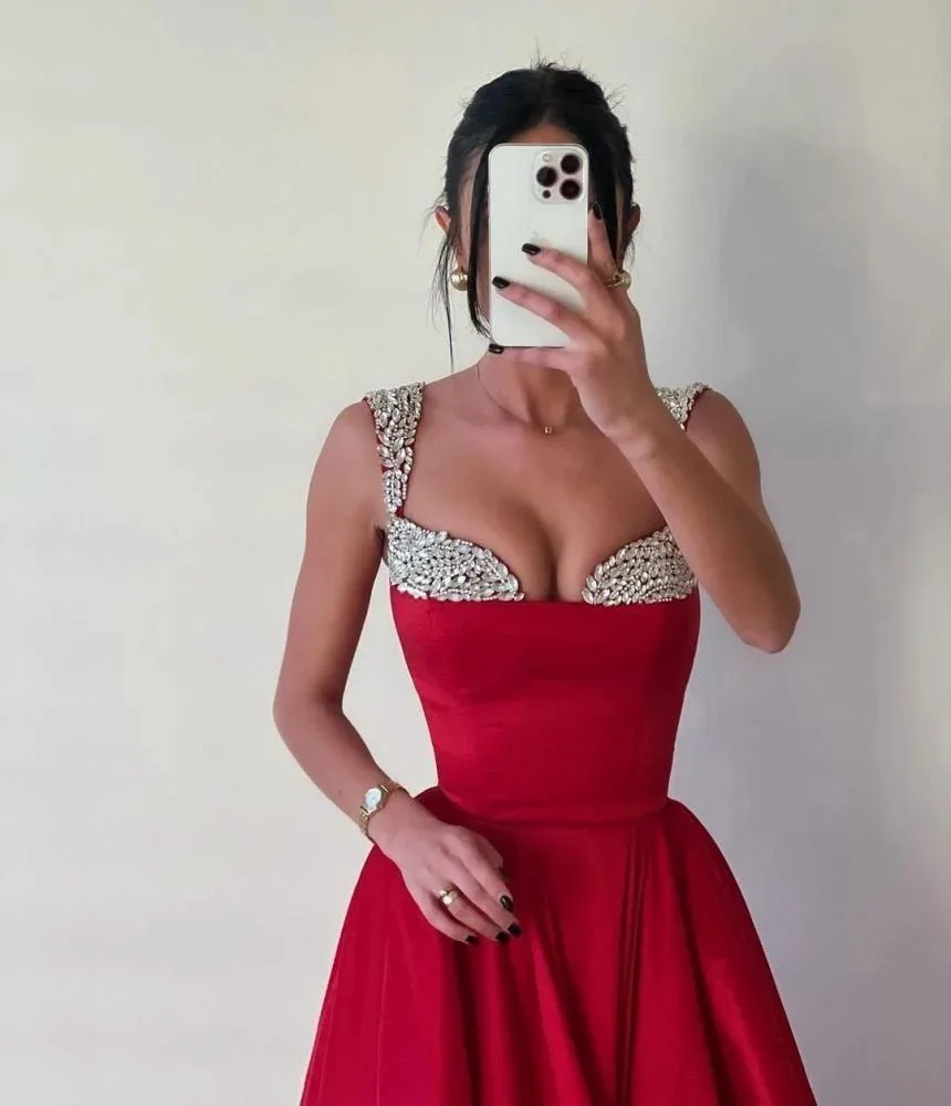 Msikoods Red Evening Dresses Women Crystal Formal Occasion Dress A Line Satin Prom Party Dress 2024 Customized Graduation Dress